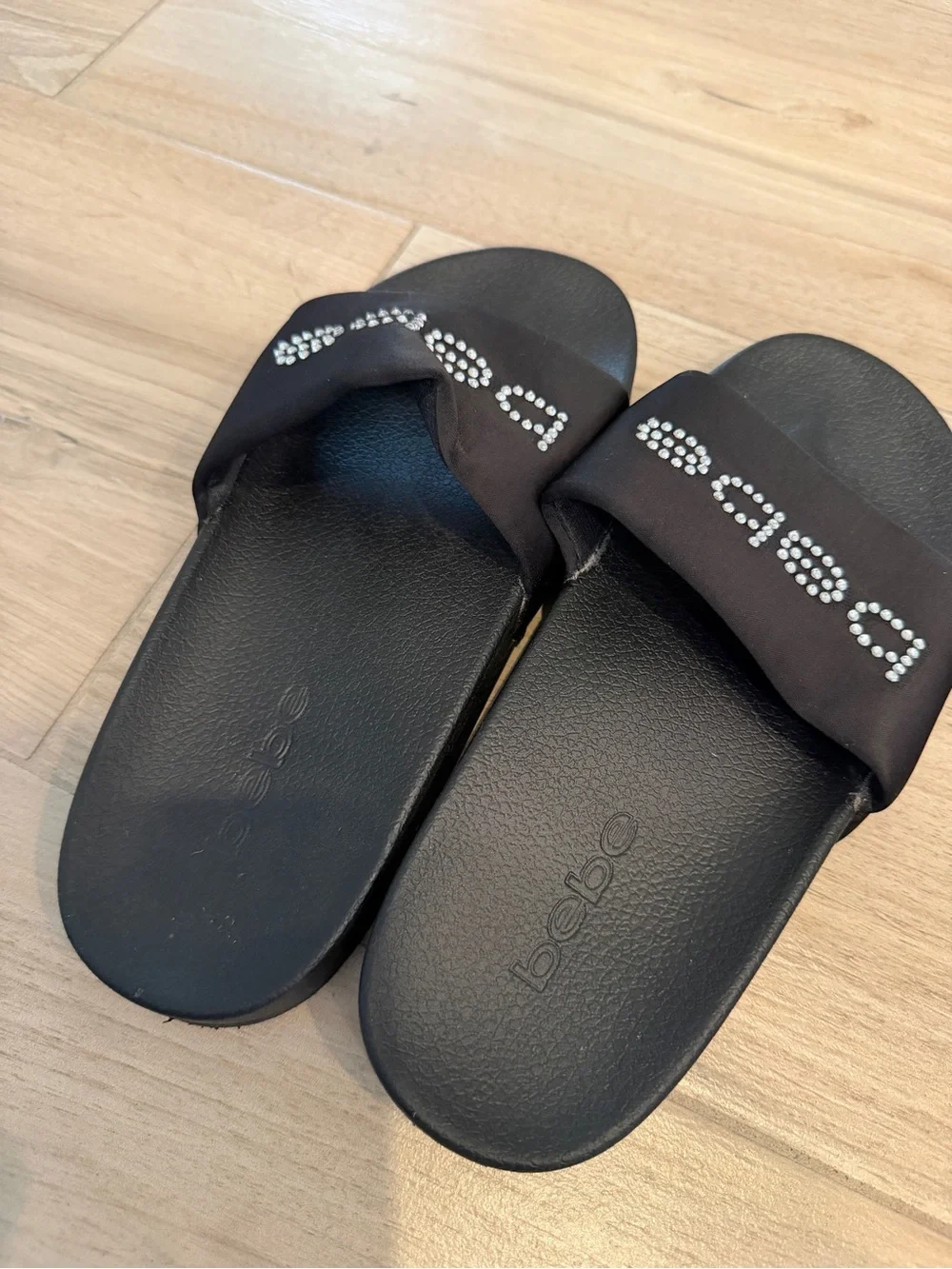 bebe Y2K Black Satin Rhinestone Logo Slide Sandals Size 7